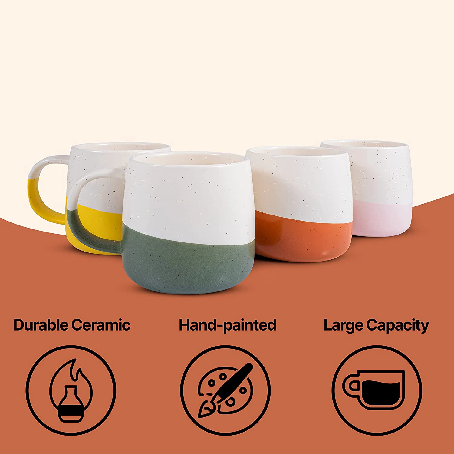 Ceramic Coffee Mugs Set of 4 - Large Stoneware Cups - Hand-painted, Two-tone Glazed Mug Customized CLASSIC Giveaways HANDGRIP