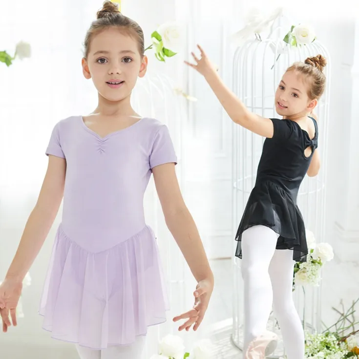 B8085 Girls Ballet Dress High Quality Stage Back Bow Short Sleeve Cotton Ballet Dance Skirt Training Dancewear