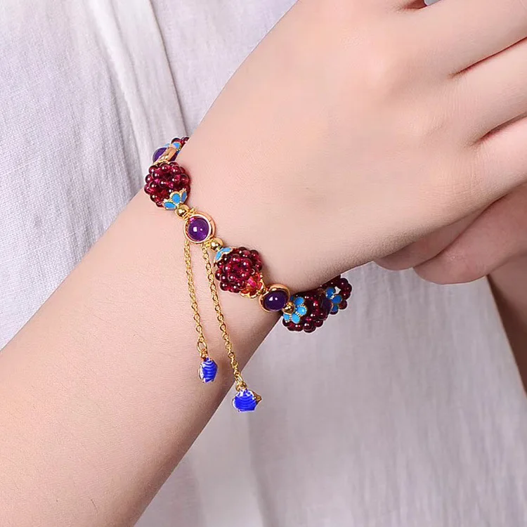 Fashion hot sale women Natural Garnet Flower ball bracelet tassel  Weave Crystal flower ball Bracelets