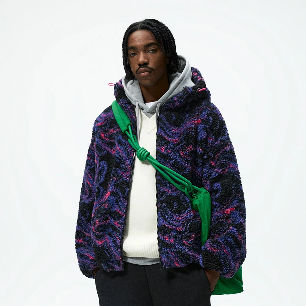 Good Quality Custom Design Winter Elastic Cuff Abstract Print Zip-Up Sherpa Fleece Hood Jacket For Men
