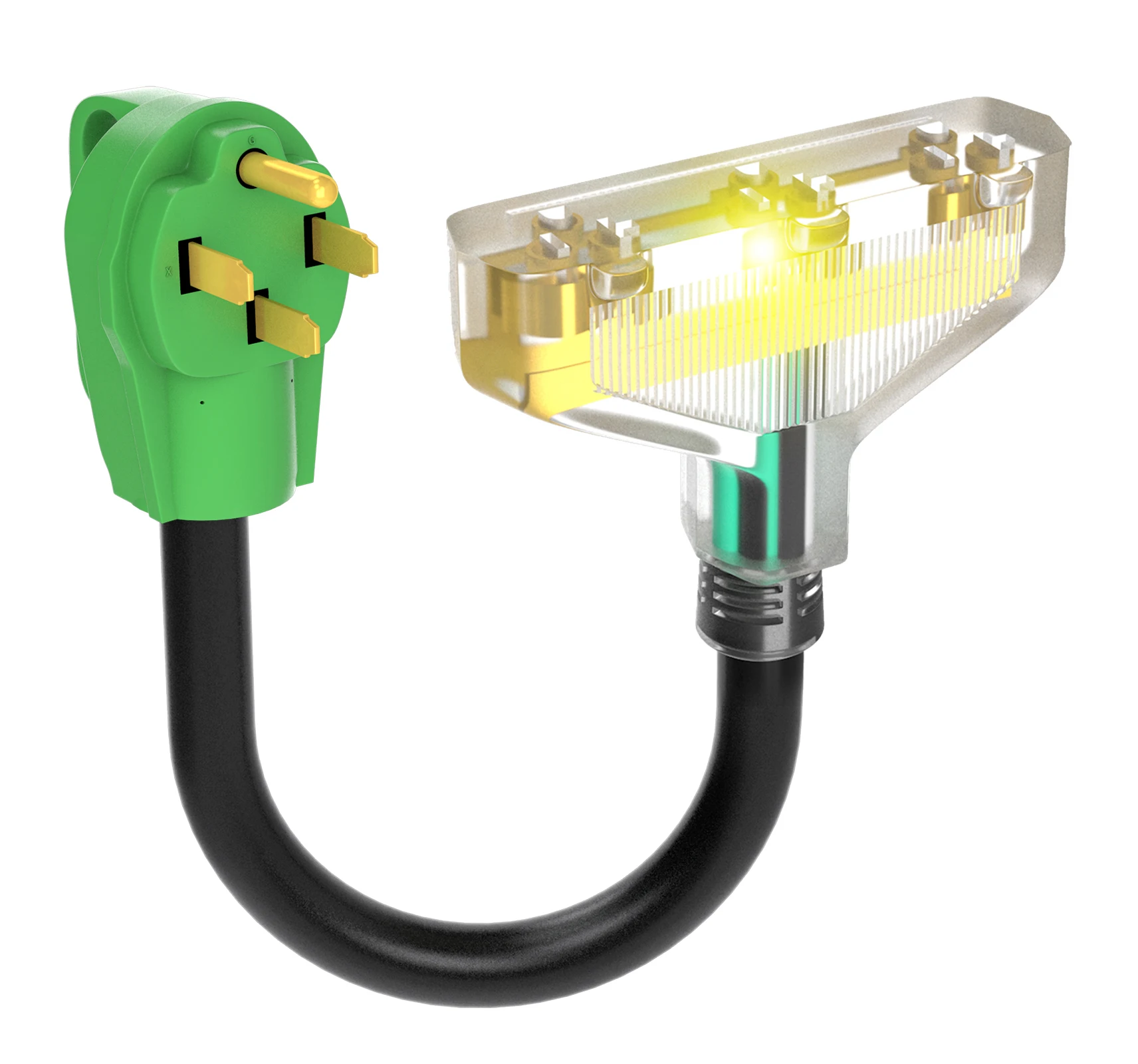 50 Amp to 110V Adapter Cord, NEMA 14-50P to 3X 5-20R Household Outlet with LED Power Indicator