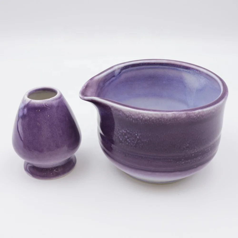 Custom green tea matcha set tool kit astral purple flash flambed glazed ceramic whisk whip holder and matcha bowl with spout
