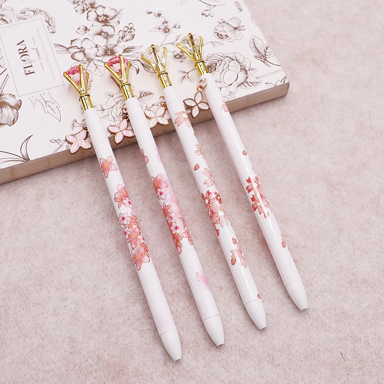 High Quality Cute Flower Printed Crystal Gel Pen Pink and White Diamond Gel lnk Pens for Scholl Office Stationary