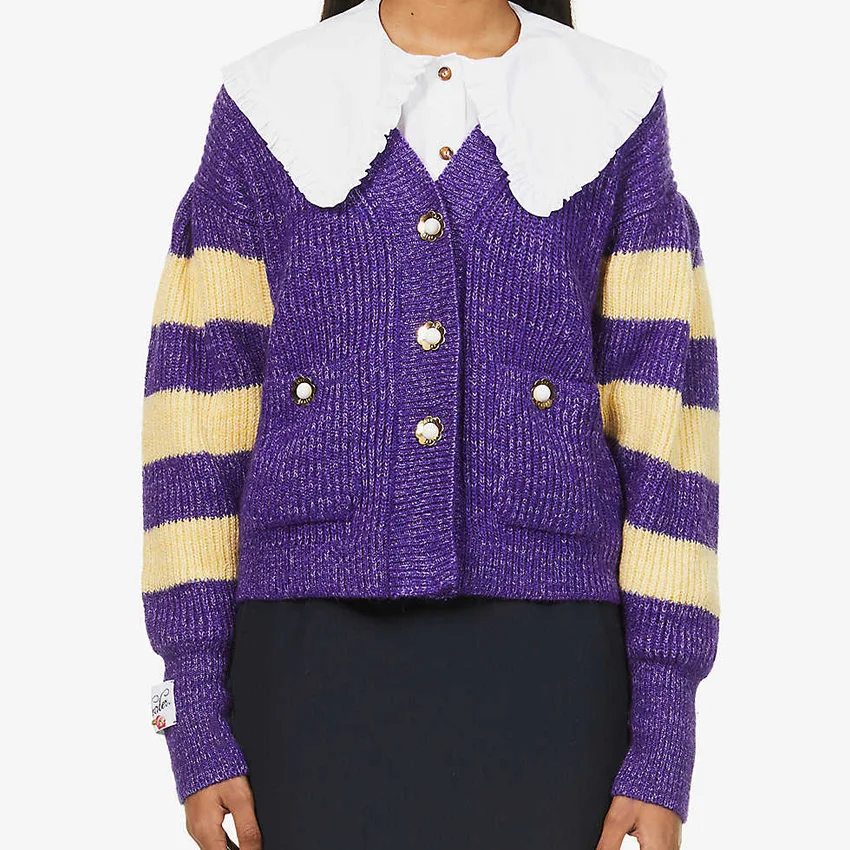 2022 Custom Mohair Wool Embroidered Striped Cardigan Women Knitwear Sweater