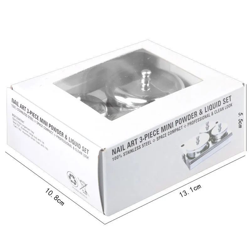 Newest Mini Nail Art Stainless Steel Sterilizer Tray 3pcs/set Metal Dappen Dish Powder Holder Container