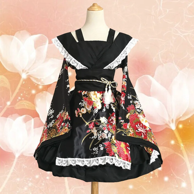 Fashion Printed Japanese Lolita Dress Black Kimono Cosplay Costume Maid Servant Dresses 5 Pieces S-3XL