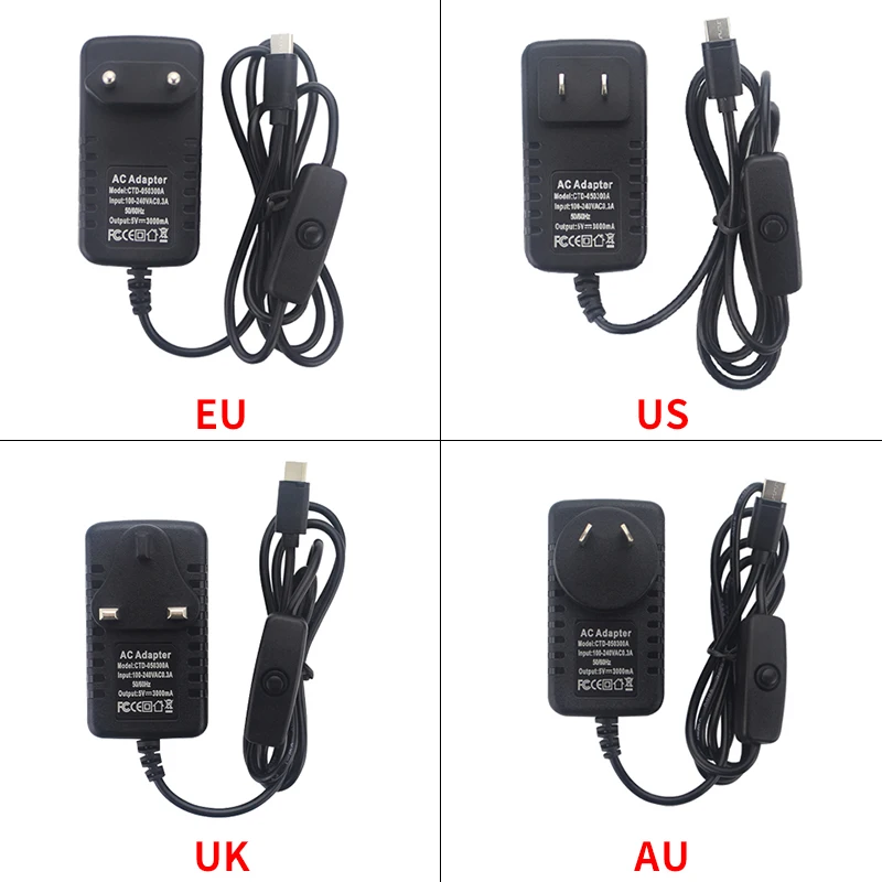10 шт./лот Raspberry Pi 4 Модель B блок питания 5В 3A USB-C Powr адаптер с включения/выключения зарядное устройство для Raspberry Pi 4 B