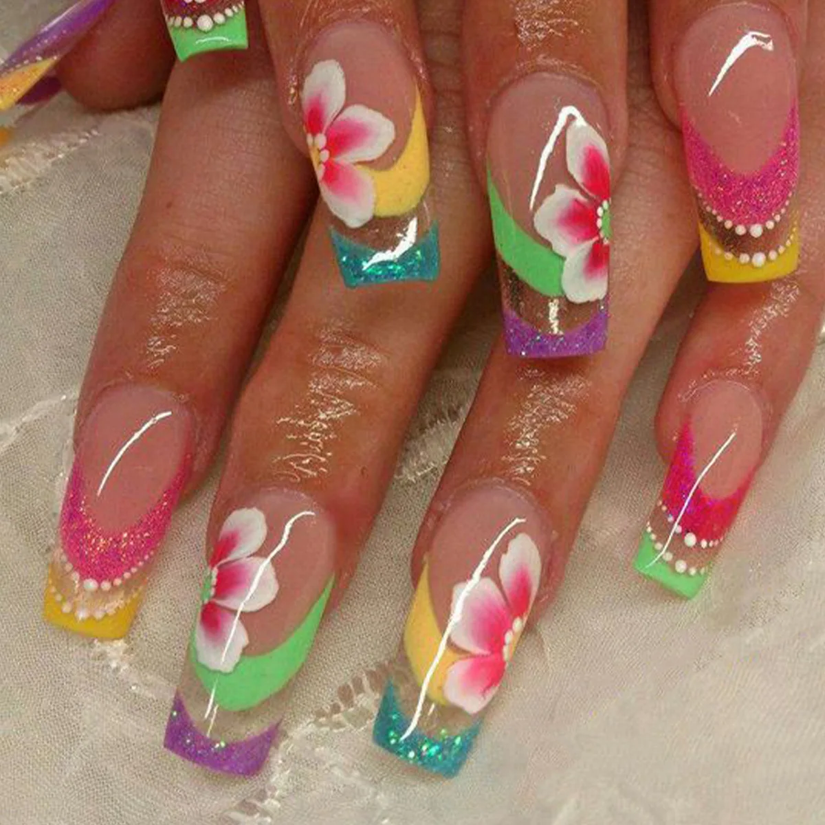 Coffin Press on Nails Long French Fake Nails Floral False Nails with Glitter Design Ballerina Tips Glossy Acrylic Tips Glue