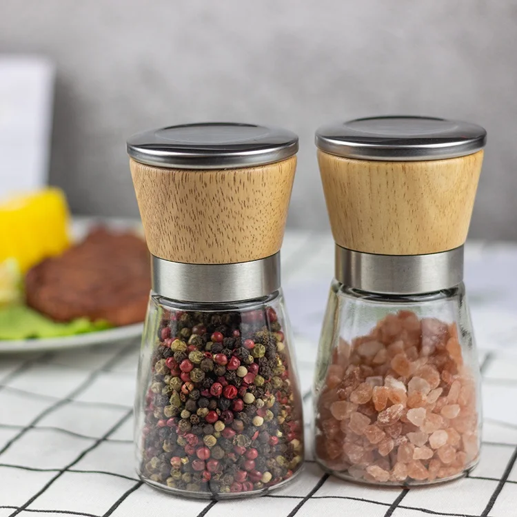 Alibaba Supplier Clear Glass Pepper Bottle with Manual Grinder Lid Spice MILLS Bamboo Wood Salt and Pepper Grinder Set of 2