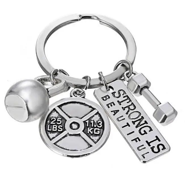 Factory Price Strong is Beautiful Dumbbell Sport Motivation Inspiration Metal Keychain
