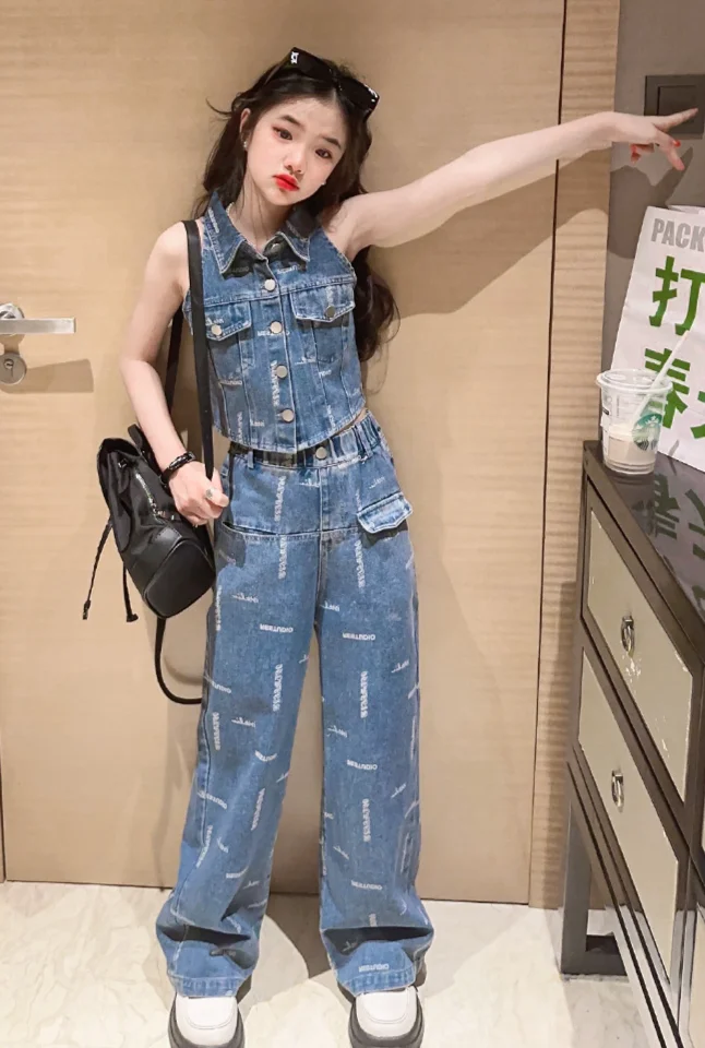 Korean Style Children Girl Suit Little Girl Sleeveless Vest children jean set clothes custom 2 piece outfit girls clothing suit