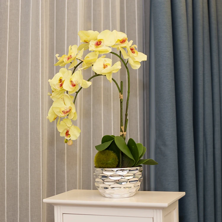 Home decorative yellow double branch phalaenopsis orchid artificial flower bonsai