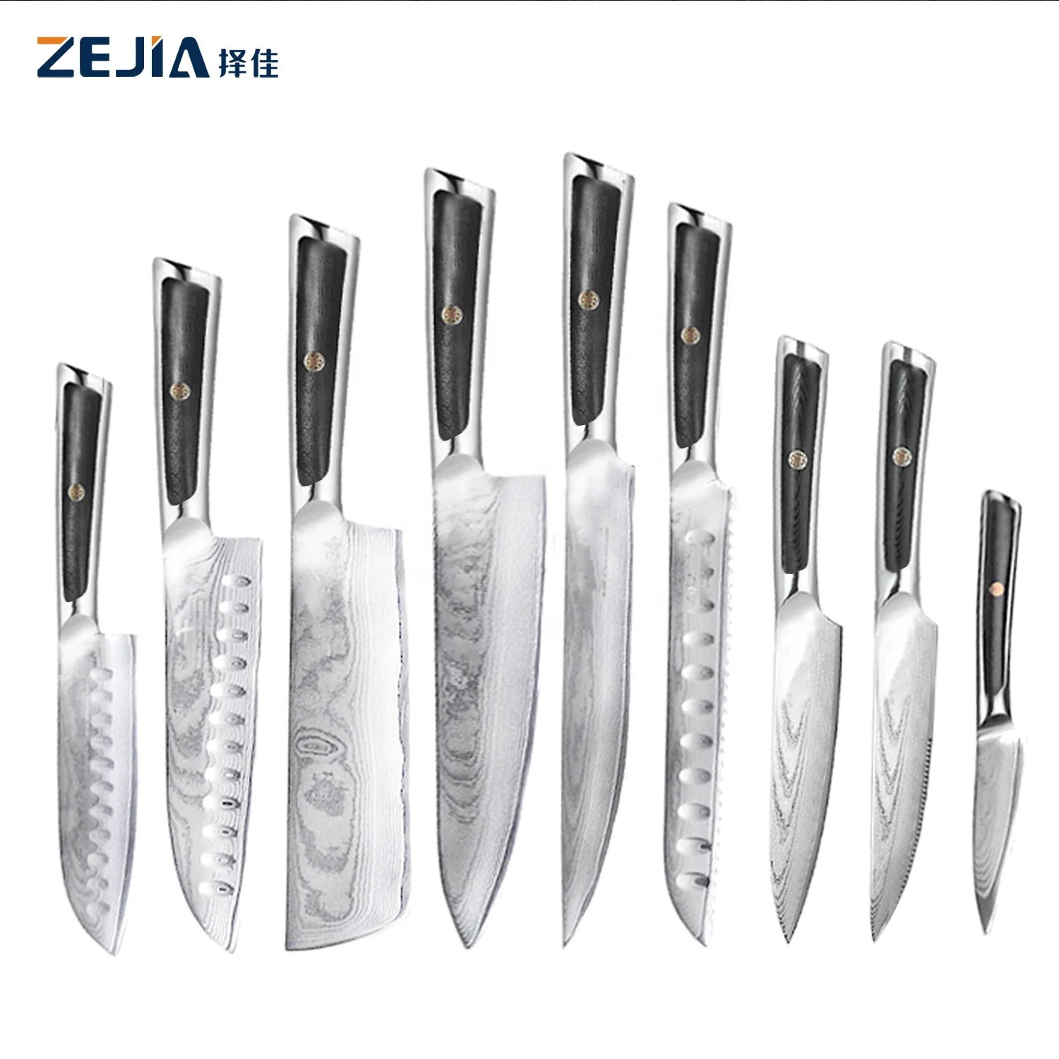 2021 new design high Amazon hot sale 9pcs  Damascus meat cleaver Steak Knife G10 Handle Knife Set japanese Damascus Chef  Knife