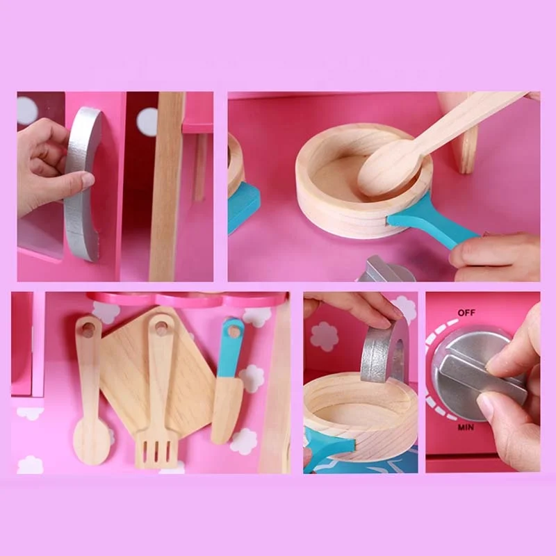 High quality kitchen wooden toys  kids Wooden kitchen toy pink Roleplay kitchen set