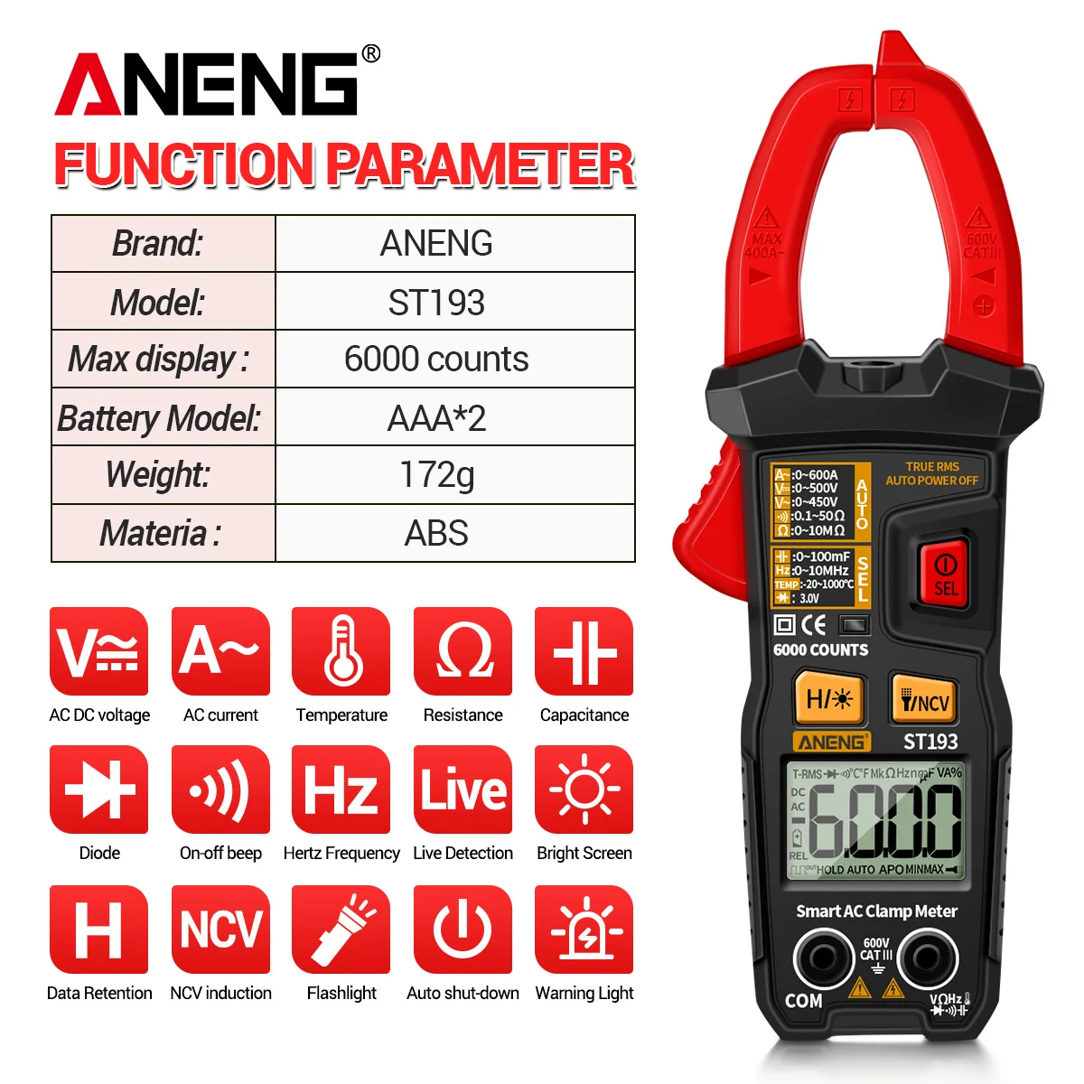ANENG ST193 Digital 6000 Count True RMS Multimeter Clamp Meter AC Current Clamp Voltage Car Tester Hz Capacitance Ohm Tool