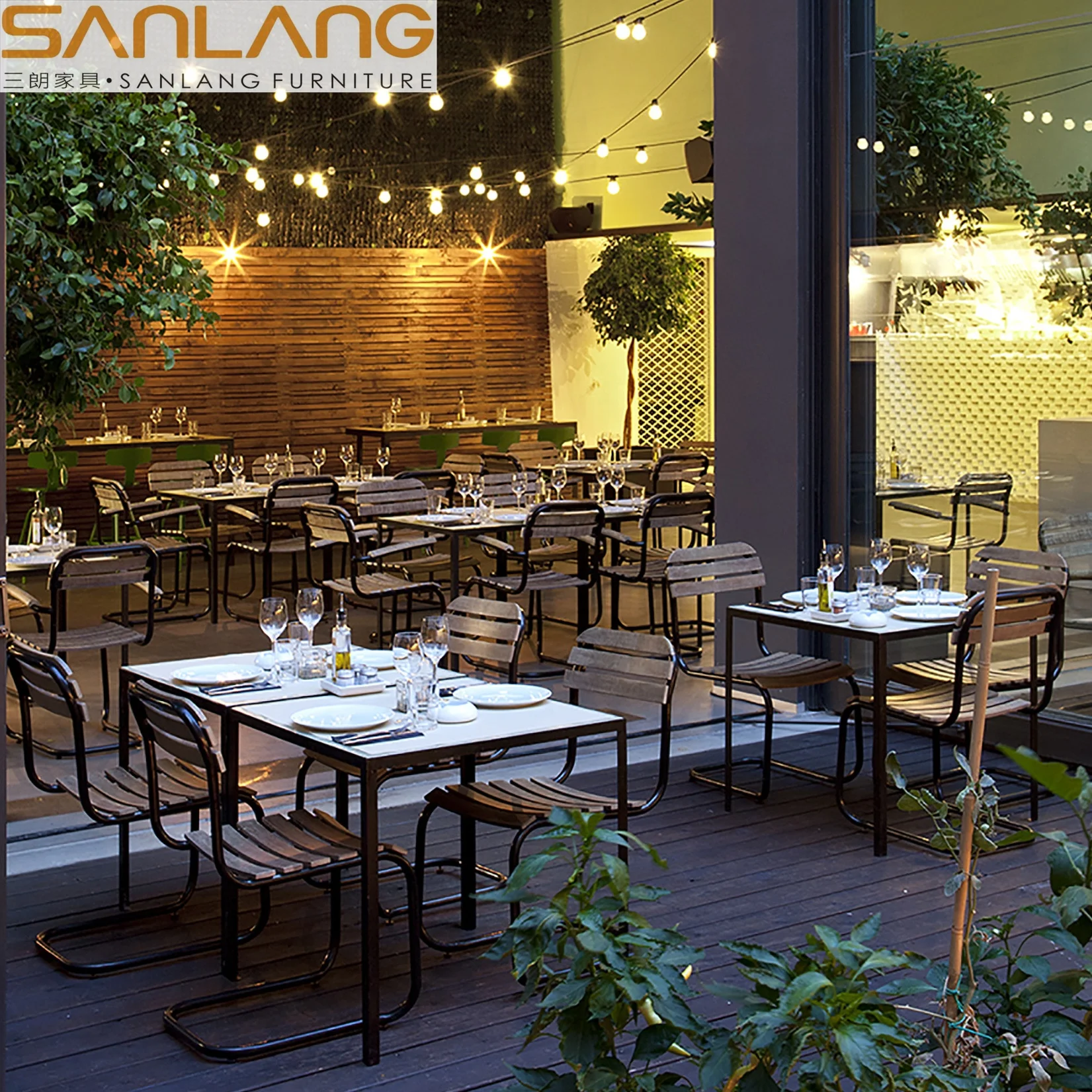 Wood modern furniture set wholesale simple bistro desk and chairs coffee brass tables leg set beach use waterproof dinner table