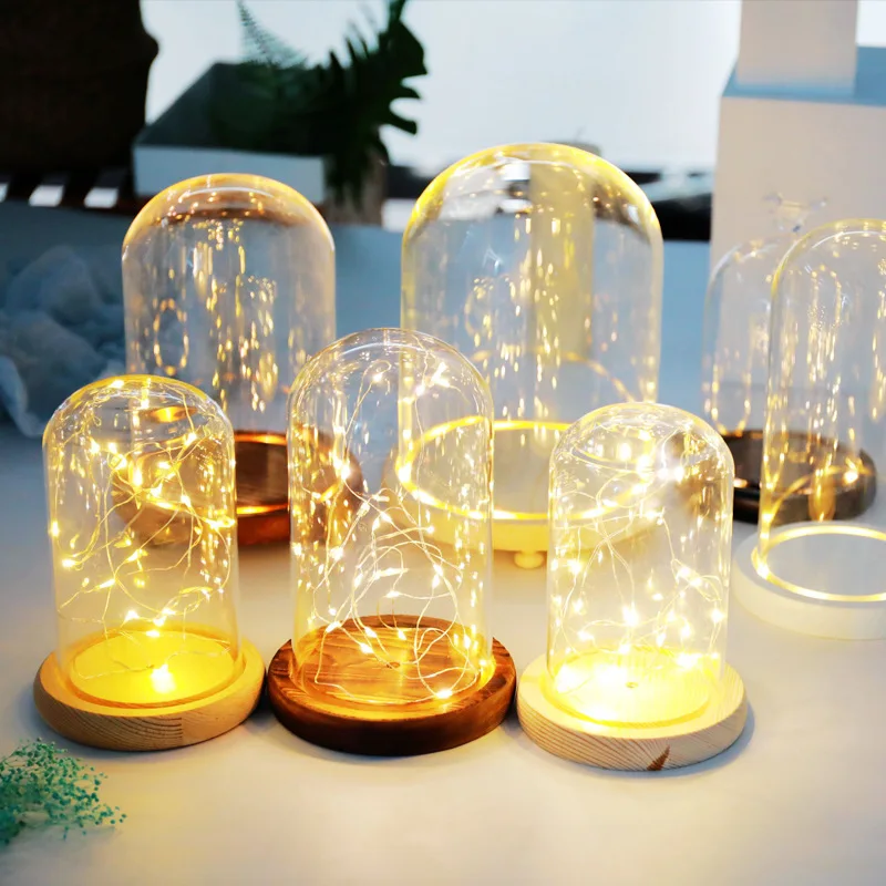 Hot Sell Flower Eternal Rose on the Luminous Display Borosilicate Glass Dome Cloche Candle Bell Jar with Wooden Base