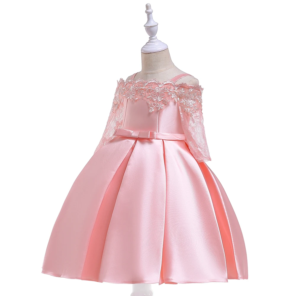 wholesale girls dresses 2-12 kids Slanted shoulder design formal baby dress flower 3 year old girl dress L5083