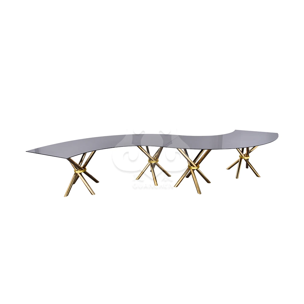Light Luxury Black Glass Top With Stainless Steel Base Wedding Table Curved Design Serpentine Dining Table
