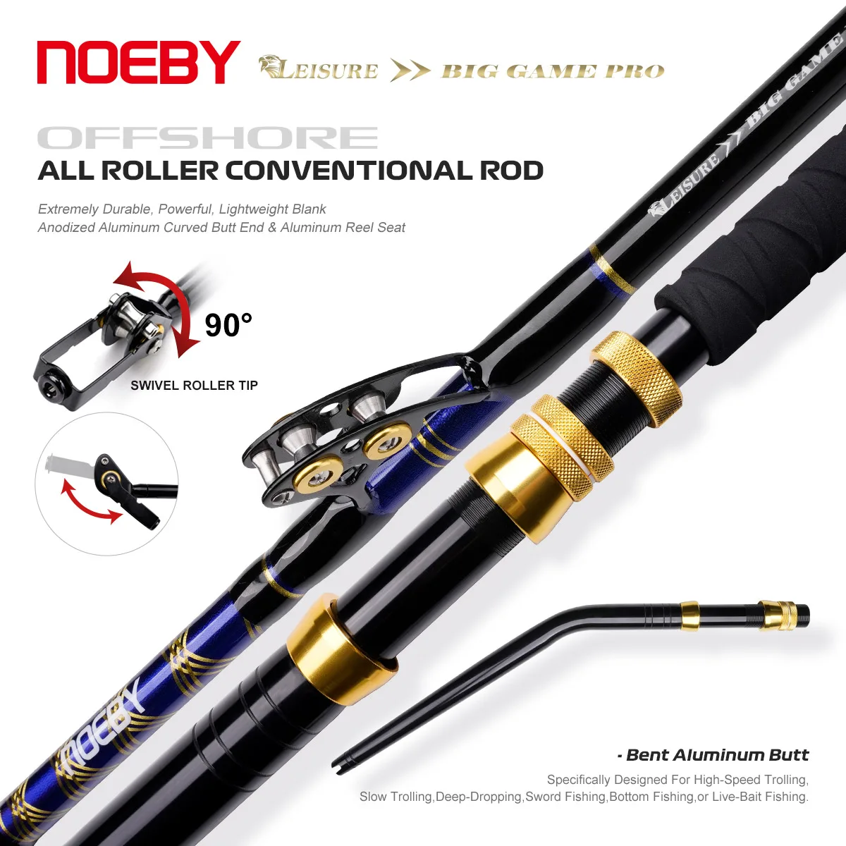 NOEBY 1.83m 50-80LBS Offshore All Roller Conventional Rod Swivel Roller Tip Bent Aluminum Butt Trolling Rods for Saltwater