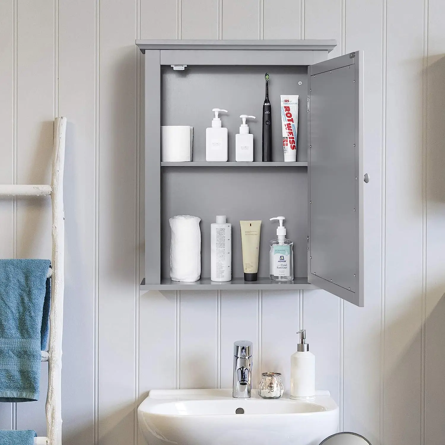 Bathroom Mirrored Cabinet, Wall-Mounted Storage with Single Door & Adjustable Shelf in 5 Positions(Gray)