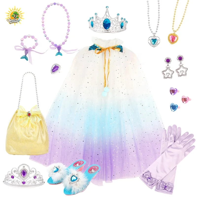 kids Dress Up Clothes Princess Cape Cloak Costume & Jewelry Crown Wand Shoes Set Gift For 3+ Year Old Little Girls