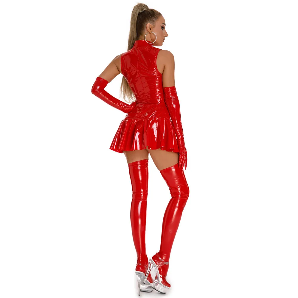 Latest Women Sexy Club Party Short Wet Look Latex Bodycon Dress Hot Black Red Zipper Pu Leather Sleeveless Pleated Mini Dress