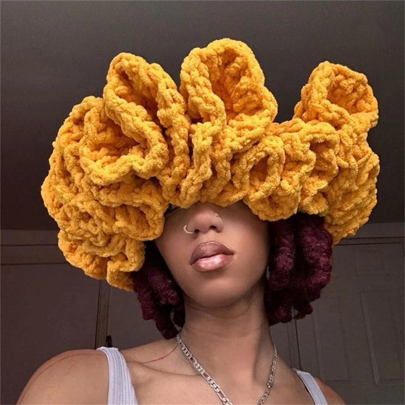 IDOIT Women Crochet Bucket Hats Y2k Fashion Knit Soft Fluffy Chunky Multicolor Crochet Pleated Ruffles Knitted Hat