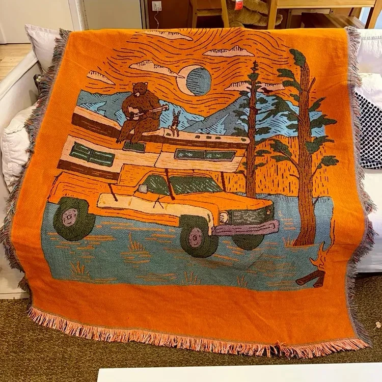 New Custom Design Personalized Woven Throw Picnic Rugs Travel Camp Jacquard Woven Blanket Camping Blanket