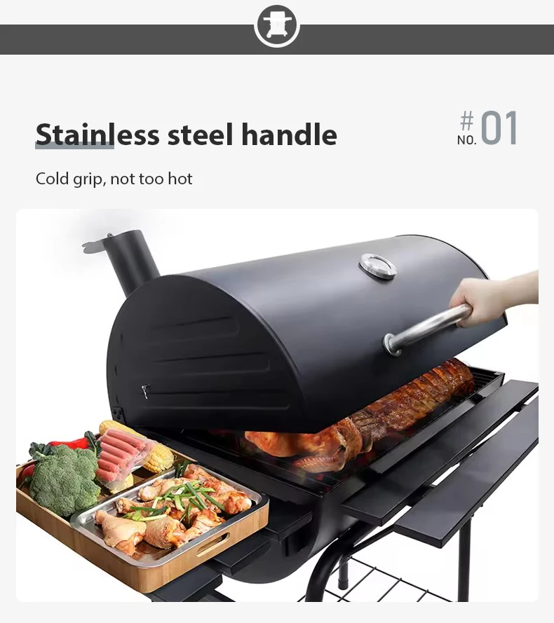 6-10 People Black Powder Coated Outdoor Barbecue Barrel Grills Offset Smoker Charcoal BBQ Grill For Barbeque Trolley BBQ Grill