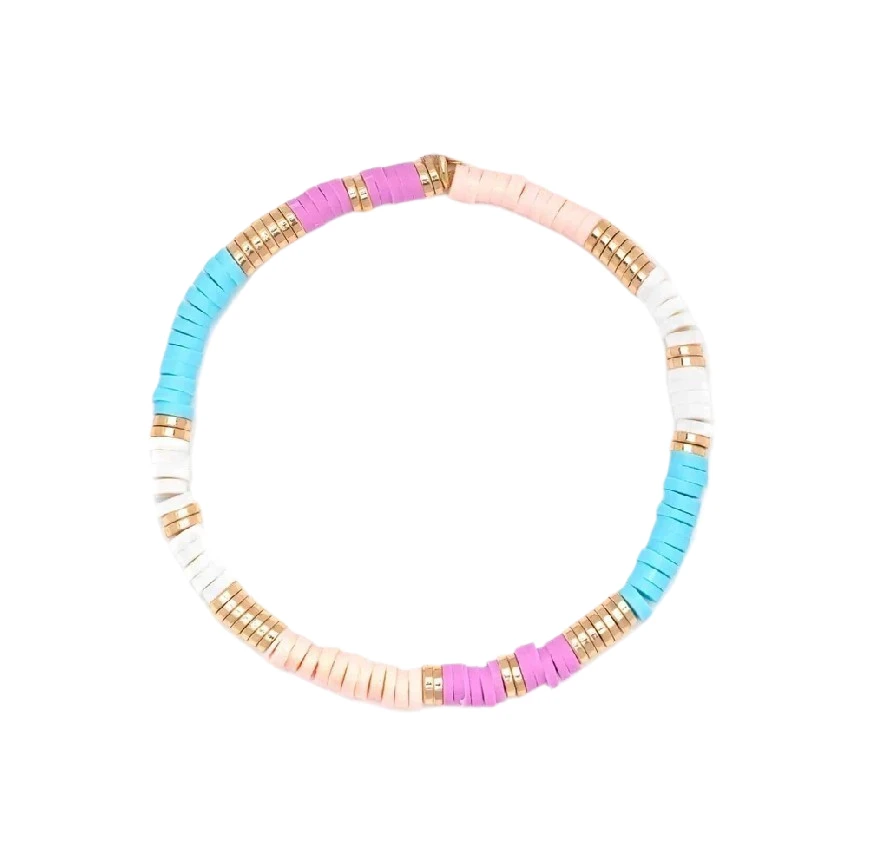 fresh colorway combines colorful bracelet pastel heishi discs PV stretch bracelets Puka Shell and Turquoise Chip