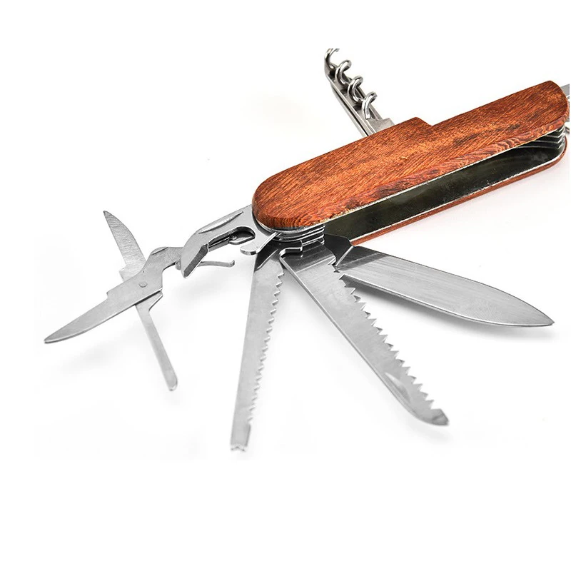 11 in 1 Multi Function Folding Pocket Knife with Wood Handle Personalized Custom Engraved Outdoor Survival Camping Folding Knife