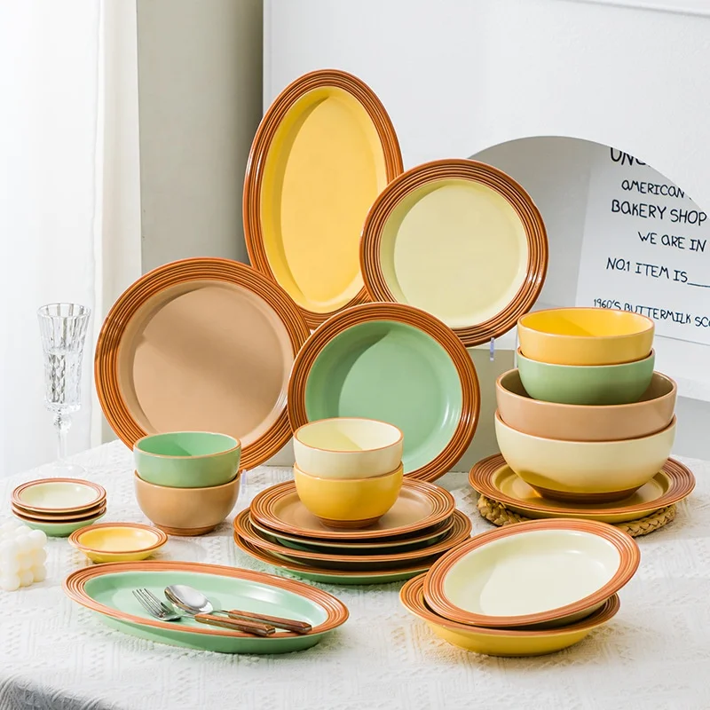 Sustainable Matte Surface Ceramic Dinnerware Set with Color Enamel Glaze round Porcelain Plate Bowl Sauce Dish Daily Home Use