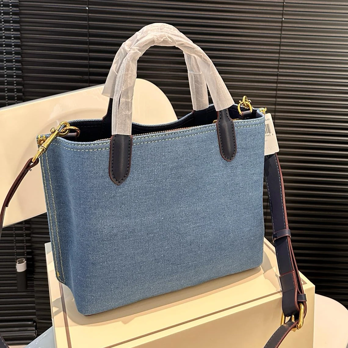 CONTACT ME VIP links washed black jeans denim designer tote bag with zip