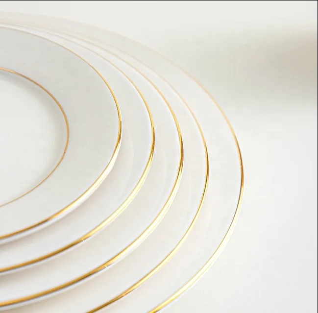Ourwarm 8in 10in Porcelain Tableware Ceramic Round Plate Wedding Decoration Gold Table Dinnerware Hotel Dishes