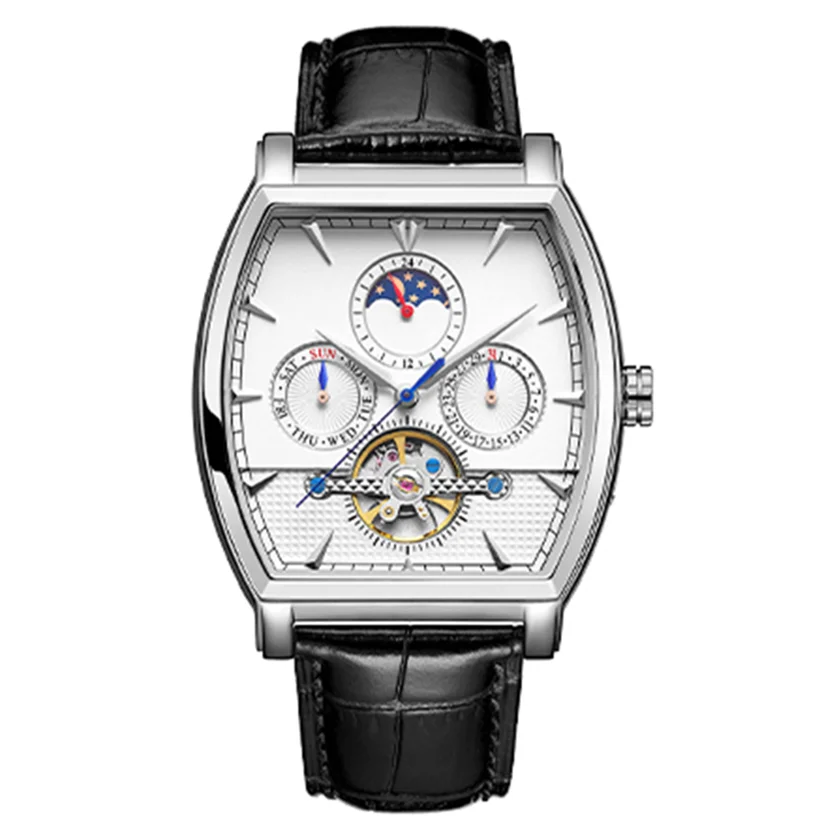 Brown cow leather strap complete calendar barrel shape men mechanical automatic watch