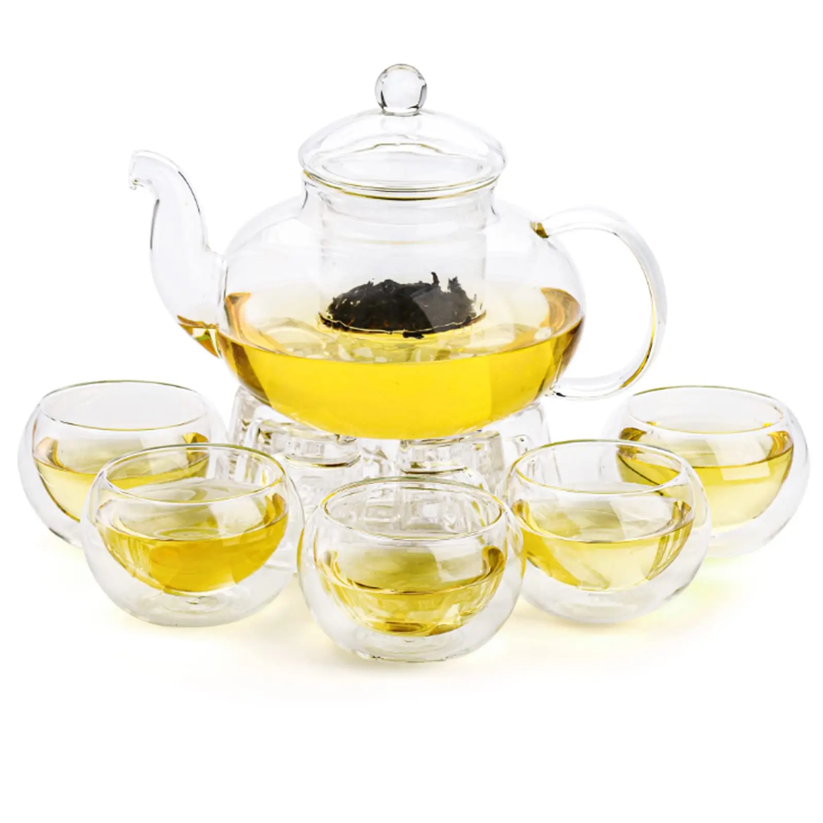 Glass Teapot Set, Tea Kettle Infuser with a Candle Warmer 5 Double Wall Cups and a Removable Strainer Stovetop Safe Tea Pot w