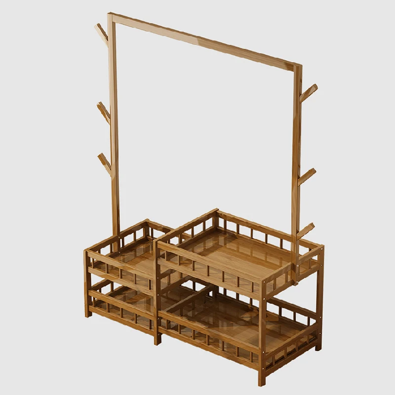 Factory Custom Garment Rack Freestanding Hanger Bamboo Wooden Folding Clothes Rack with Storage Rack Coat Stand Holder