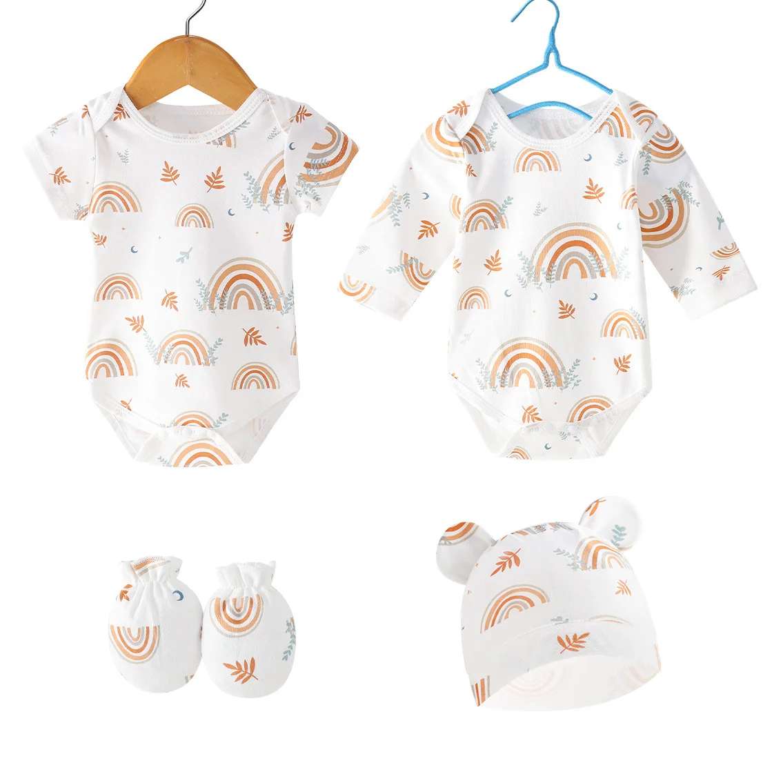 Wholesale Newborn   0-6M  Short/Long Sleeved Rompers+Infant Gloves+Toddler Caps Solid Colored Clothes  4pcs Sets for Baby