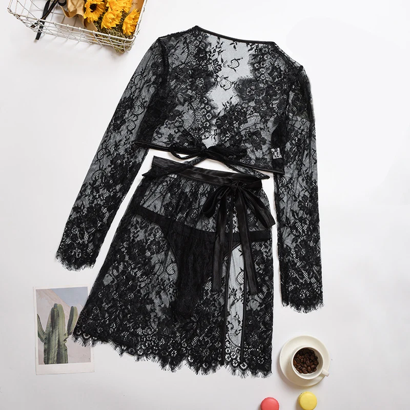 2020 new lace transparent thin v-neck slit long sexy dressing gown three sets