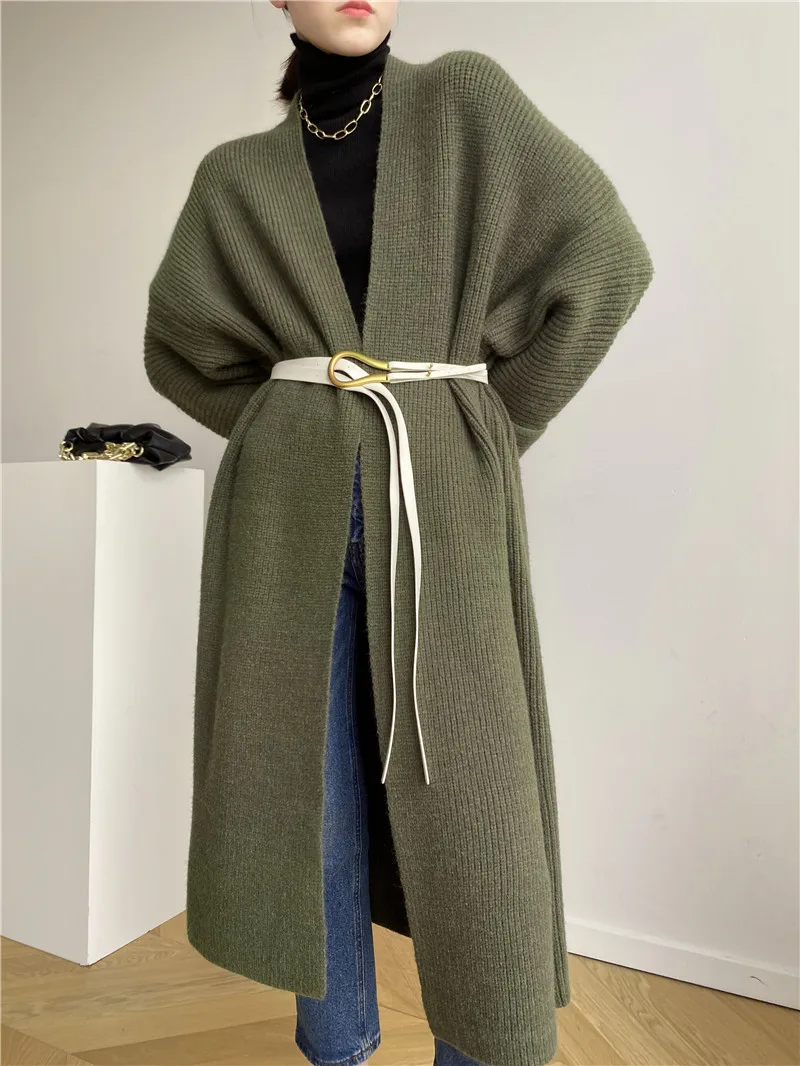 Winter thick knitted long sweaters cardigan casual loose pullover maxi knitwear plain rib midi cardigans for women