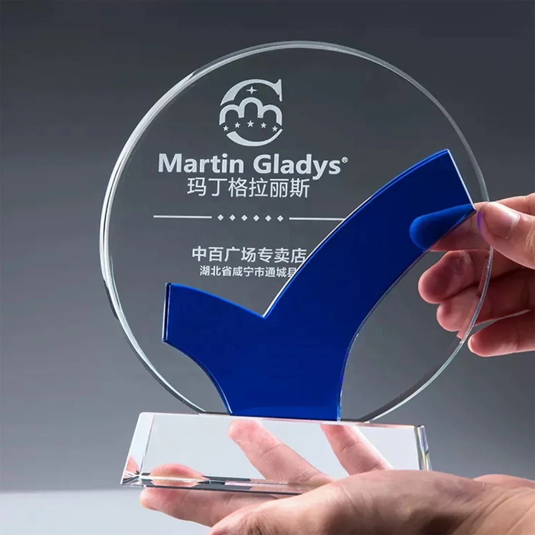 Trophy Business Sports Award Transparent High Quality K9 Crystal 4-color Folk Art Medal Shape Polished Laser Blue Souvenir Gift