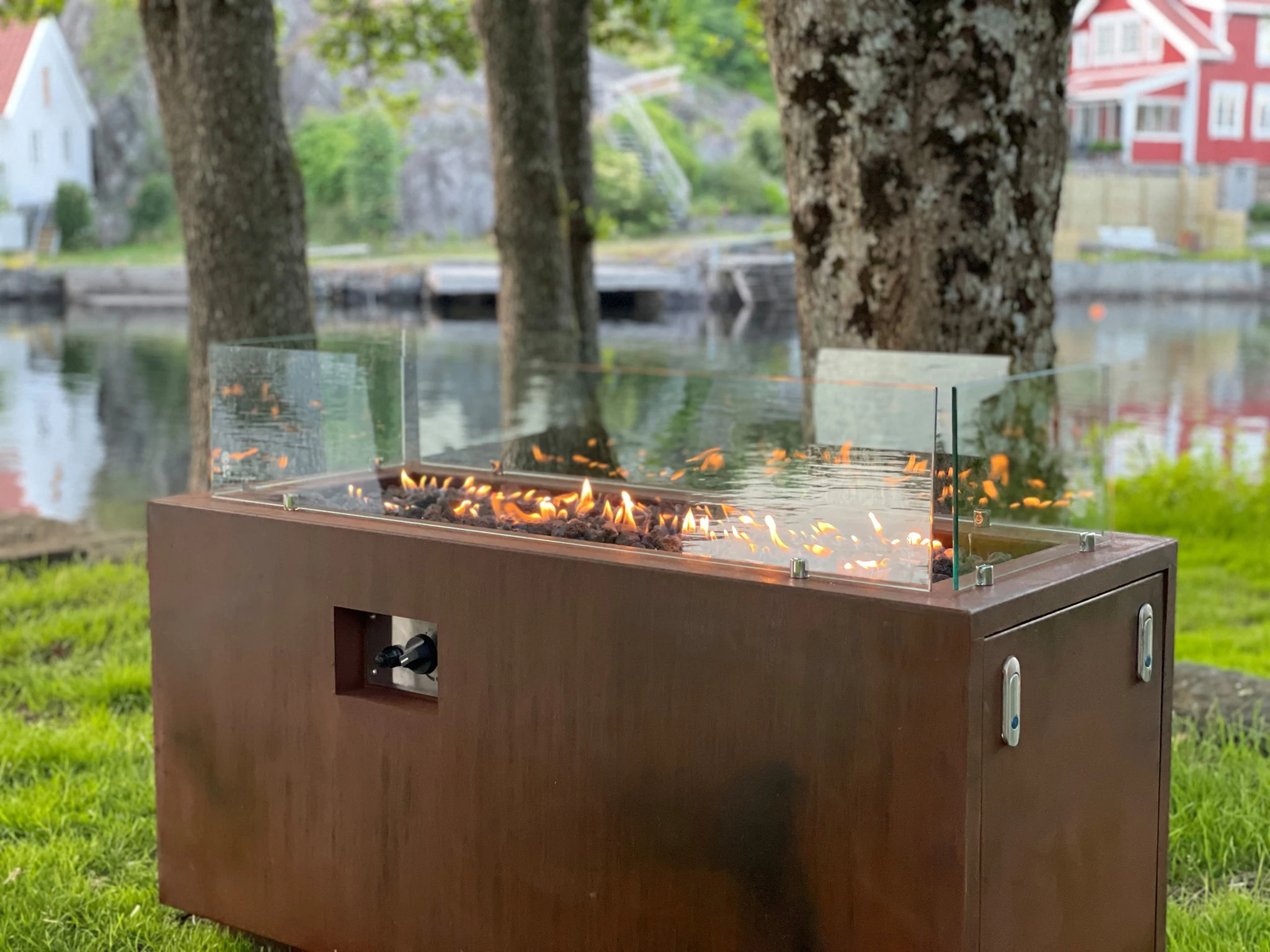 Large square Corten steel metal outdoor gas fire pit