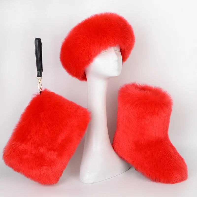 women winter colorful faux fox fur snow boots matching purse and headband boots