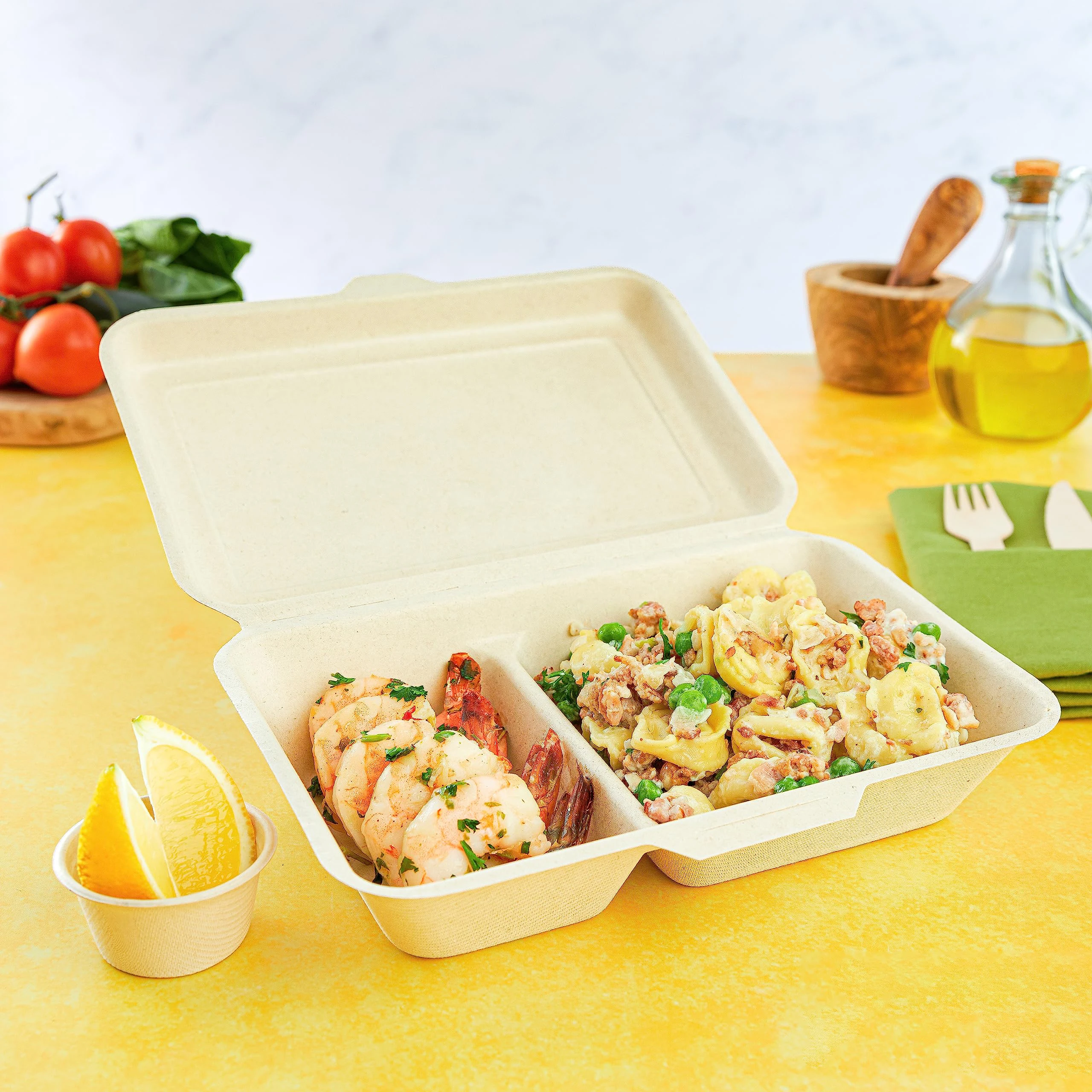 OBM Kuoshi Biodegradable Eco Sugarcane Packaging Bagasse Clamshell Burger Takeaway Boxes Custom 2 Compartment Paper Food Accept