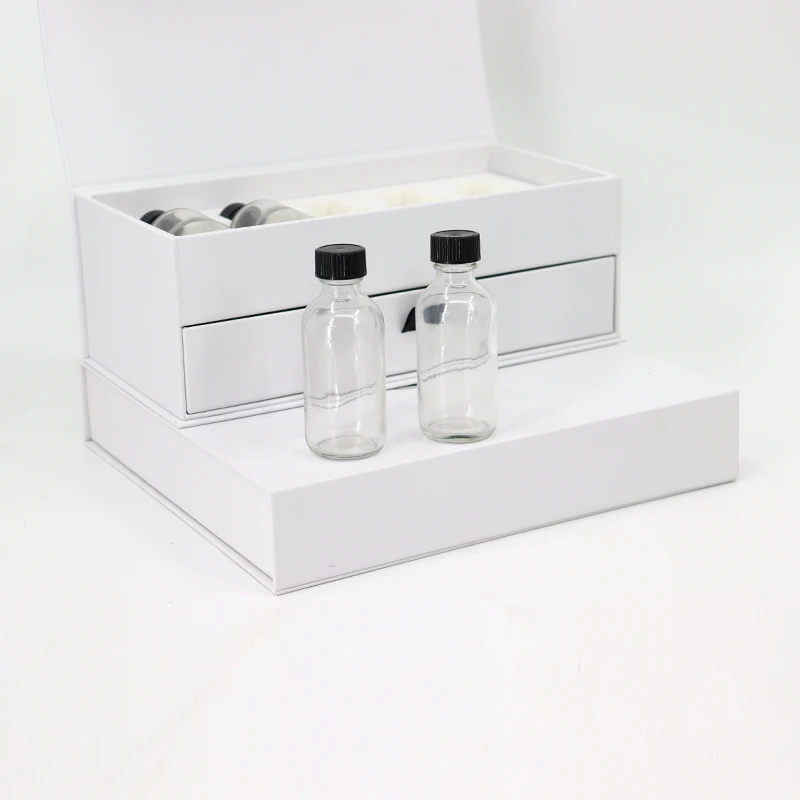 Eco friendly Rigid Cardboard Double Layer Magnetic Drawer Box with EVA Foam Insert for Skincare Collection Packing Glass Bottle