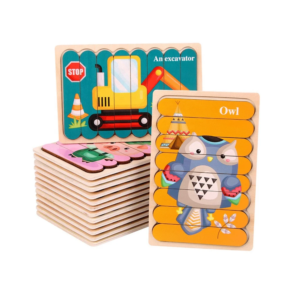 Baby Early Educational Learning Toys Kids Double-sided Cartoon Strip Shape Cartoon Animal Wood Jigsaw Puzzle