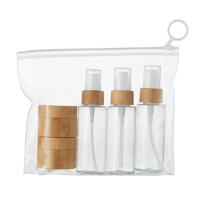 
PET bamboo spray bottles packaging travel set cosmetic travel bottle and jar 