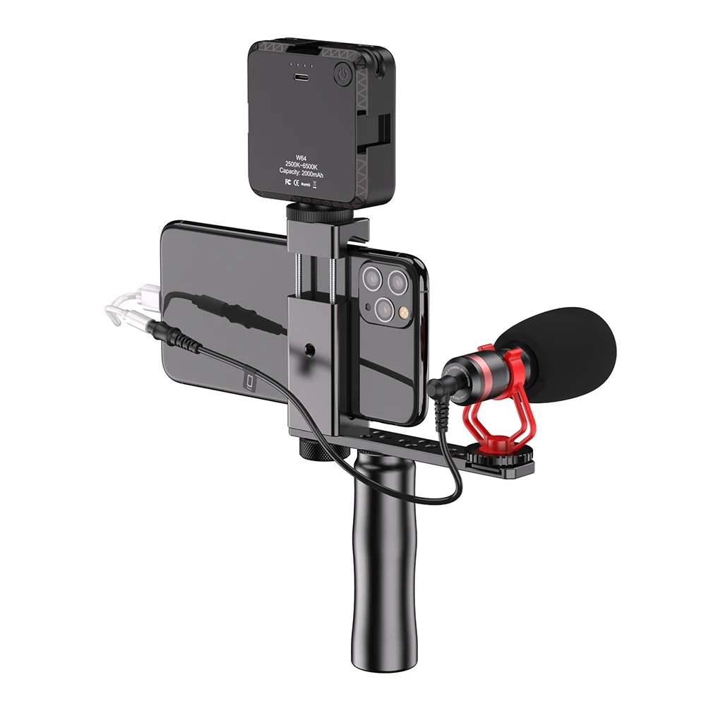 Vlog Video Private Mold Stock Cold Shoe Mount Tripod Smartphone Clamp Grip Handle Rig with Wrist Strap for Lights and Microphone