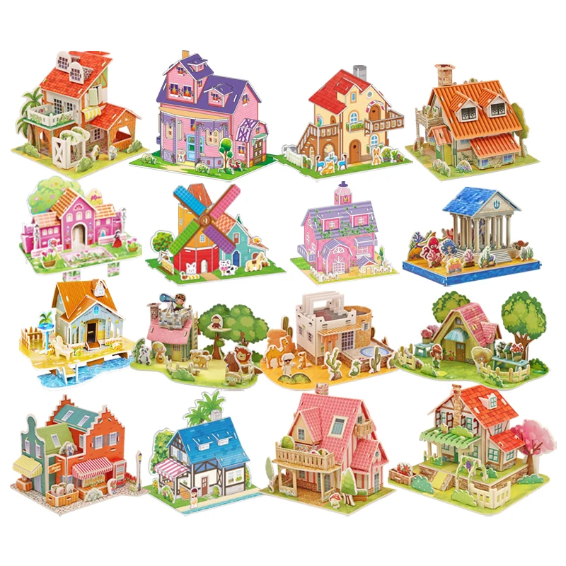 Custom 3D mini jigsaw puzzle World Village House Building 3D Puzzle Model Construction diy jigsaw puzzle Toys For Kids